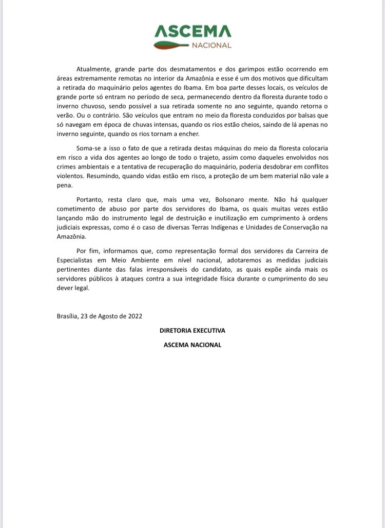 andretrig's tweet photo. Em nota, a Ascema Nacional (Associação Nacional dos Servidores Ambientais) afirma que o presidente mentiu no JN ao dizer que “o pessoal do Ibama toca fogo mesmo podendo retirar o material”. A nota explica didaticamente o decreto que regulamenta a Lei de Crimes Ambientais. 👇🏼 https://t.co/zGNFJ2d9cc