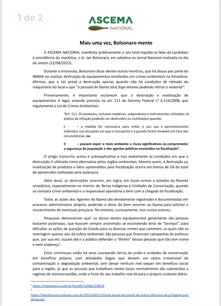 andretrig's tweet photo. Em nota, a Ascema Nacional (Associação Nacional dos Servidores Ambientais) afirma que o presidente mentiu no JN ao dizer que “o pessoal do Ibama toca fogo mesmo podendo retirar o material”. A nota explica didaticamente o decreto que regulamenta a Lei de Crimes Ambientais. 👇🏼 https://t.co/zGNFJ2d9cc