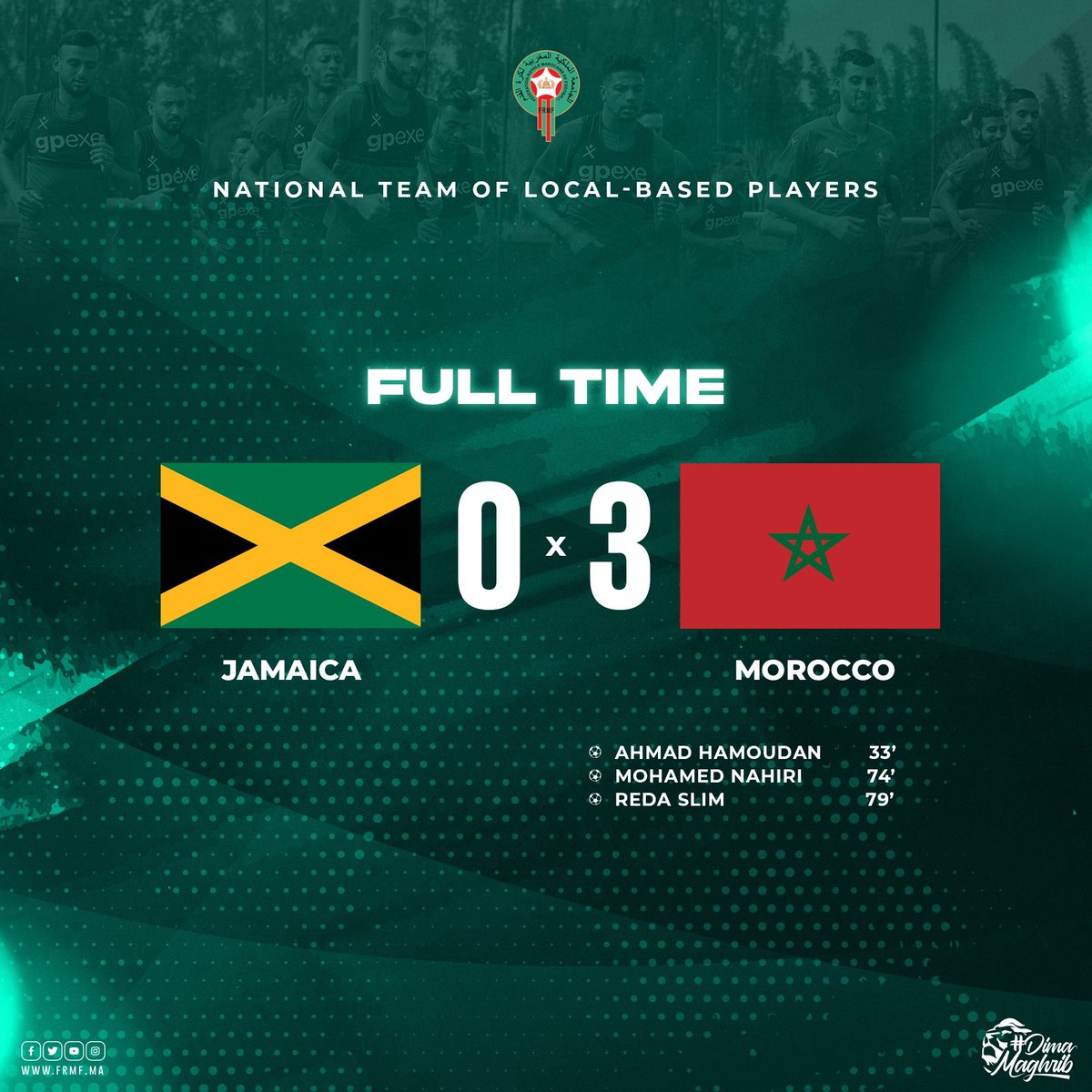 Sofiane_Hrizi's tweet photo. L’EN Locale 🇲🇦 s’est imposée 3 à 0 face à la Jamaïque Locale 🇯🇲 sur des buts de Hammoudan, Nahiri et Slim.
#MARJAM #AustriaSummerTour https://t.co/gUbCA1oKMj