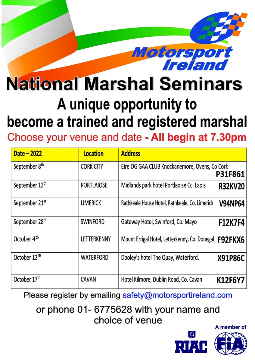 Folks marshal training taking place at various locations in Ireland over throughout September &amp; October!!