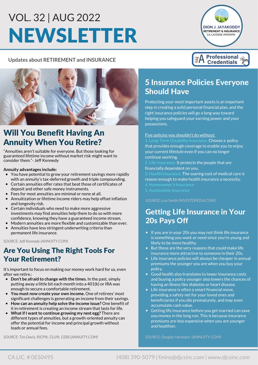 djcsinc's tweet photo. Aug 2022 Newsletter - Featured Article like: “Will You Benefit Having an Annuity When You Retire?”.

#retirement #annuities #annuity #insurance #lifeinsurance #healthinsurance #income 

Visit our website for more info: https://t.co/al6FD792Ef

@dionjayakoddy https://t.co/3O6ZyhUwtw