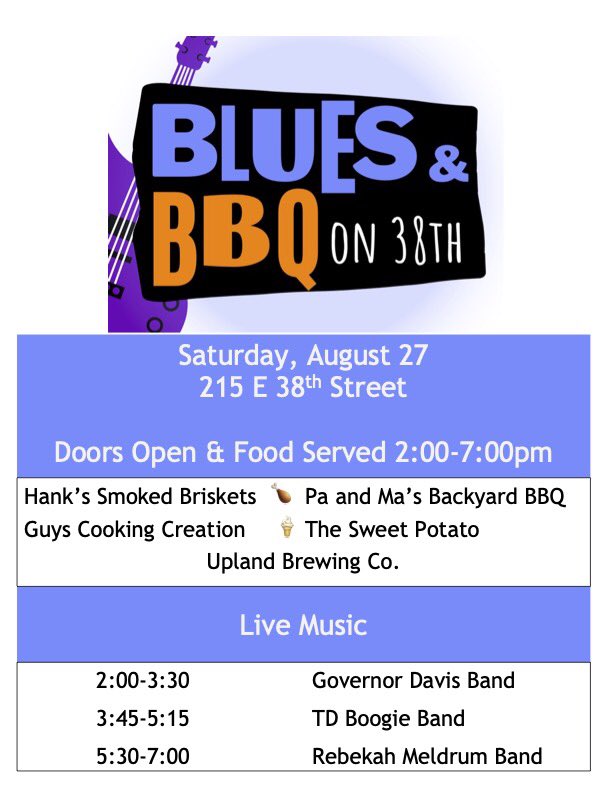 Friendsof38th's tweet photo. Blues & BBQ this Saturday!
Featuring food from Hanks Smoked Briskets, @paandmas_bbq, Guys Cooking Creation, and The Sweet Potato! Beer from @UplandBrewCo!
Live music!
* admission is free and ALL are welcome *
#friendsof38th #bbq #blues #beer https://t.co/RElNug4EVX