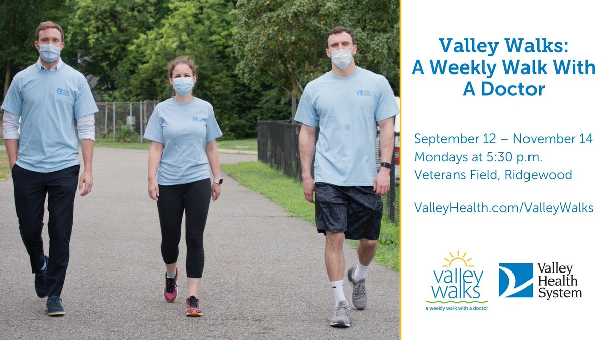 ValleyHealthNJ's tweet photo. Lace up your shoes and join Valley Health System physicians for #ValleyWalks, a weekly #WalkWithADoctor. The walks will start September 12, occurring Mondays at 5:30 p.m. at Veteran’s Park in Ridgewood. For more information and to register, please visit https://t.co/7Jky736iSu. https://t.co/bpf8XBbx1x