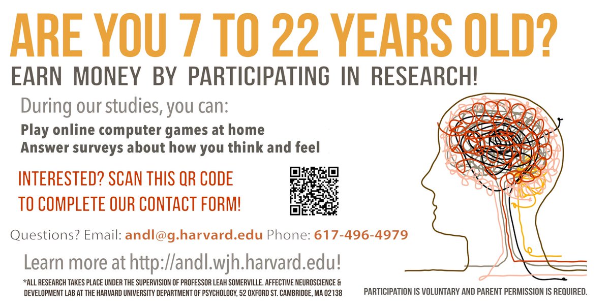 ANDL (@andl_harvard) on Twitter photo Are you 7-22 years old? Participate in online research and earn money for your time! 
Interested? Please complete our contact form linked in our bio or contact us yourself at andl@g.harvard.edu or 617-496-4979 Are you 7-22 years old? Participate in online research and earn money for your time! 
Interested? Please complete our contact form linked in our bio or contact us yourself at andl@g.harvard.edu or 617-496-4979