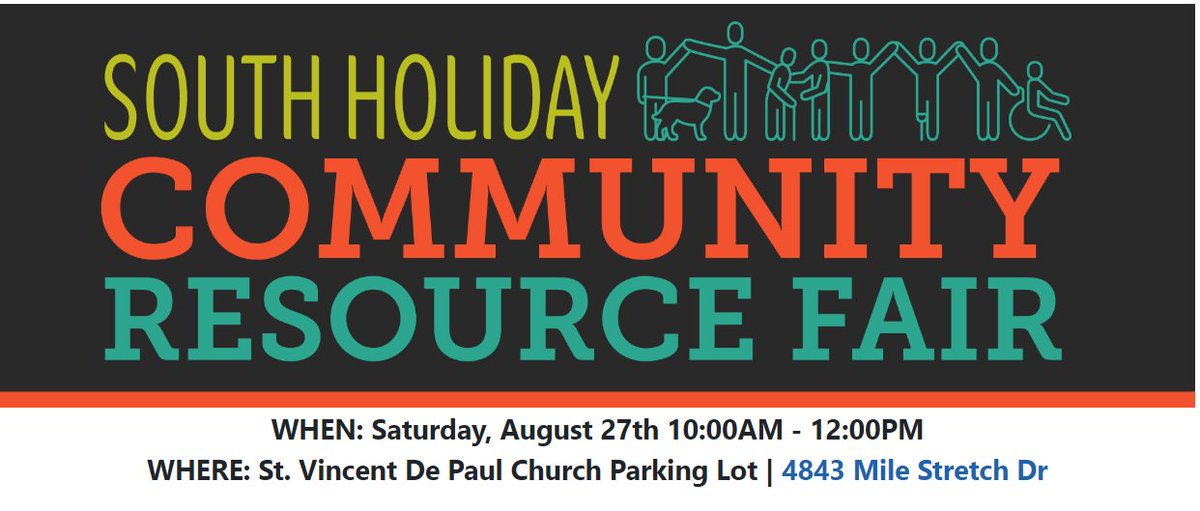 La libreria del sur de Holiday tendra una feria para la comunidad el Sabado 27 de Agosto de 10:00 am a 12:00 pm en el parqueadero de la iglesia St. Vincent de Paul.

4843 Mile Strech dr.