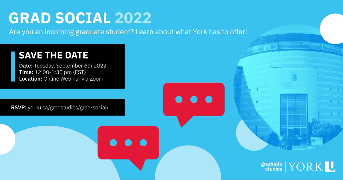 Hey incoming Master's and Doctoral Scholars! Meet with our Decanal team and campus partners, to learn about a variety of resources and services available to support your graduate journey at #YorkU. This event is virtual. #GradStudiesYU

To register, visit: yorku.ca/gradstudies/gr…