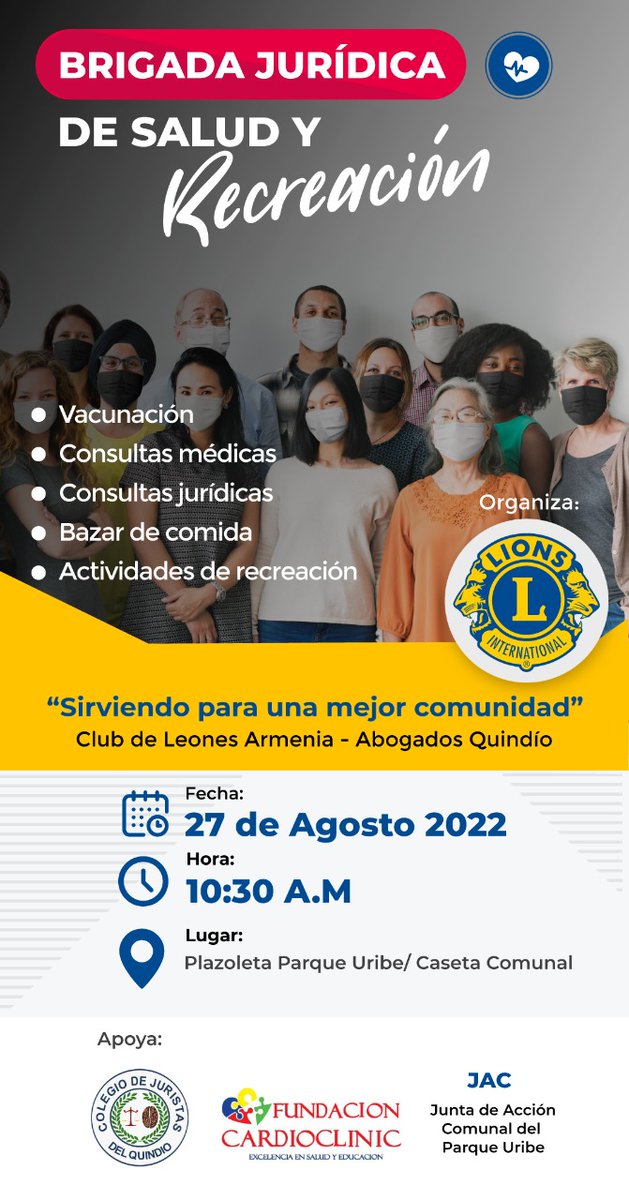 armeniamonarca's tweet photo. Invitamos a toda la comunidad de Armenia y de la comuna 7 para el sábado 27 de agosto a partir de las 10:00am P/Uribe brigada de salud, jurídica y recreativa; apoyo de #SecretariadeSalud, #IMDERA @AlcaldiaArmenia #PonalDequi #ColegiodeJuristasdelQuindio https://t.co/kuno9ybbaS