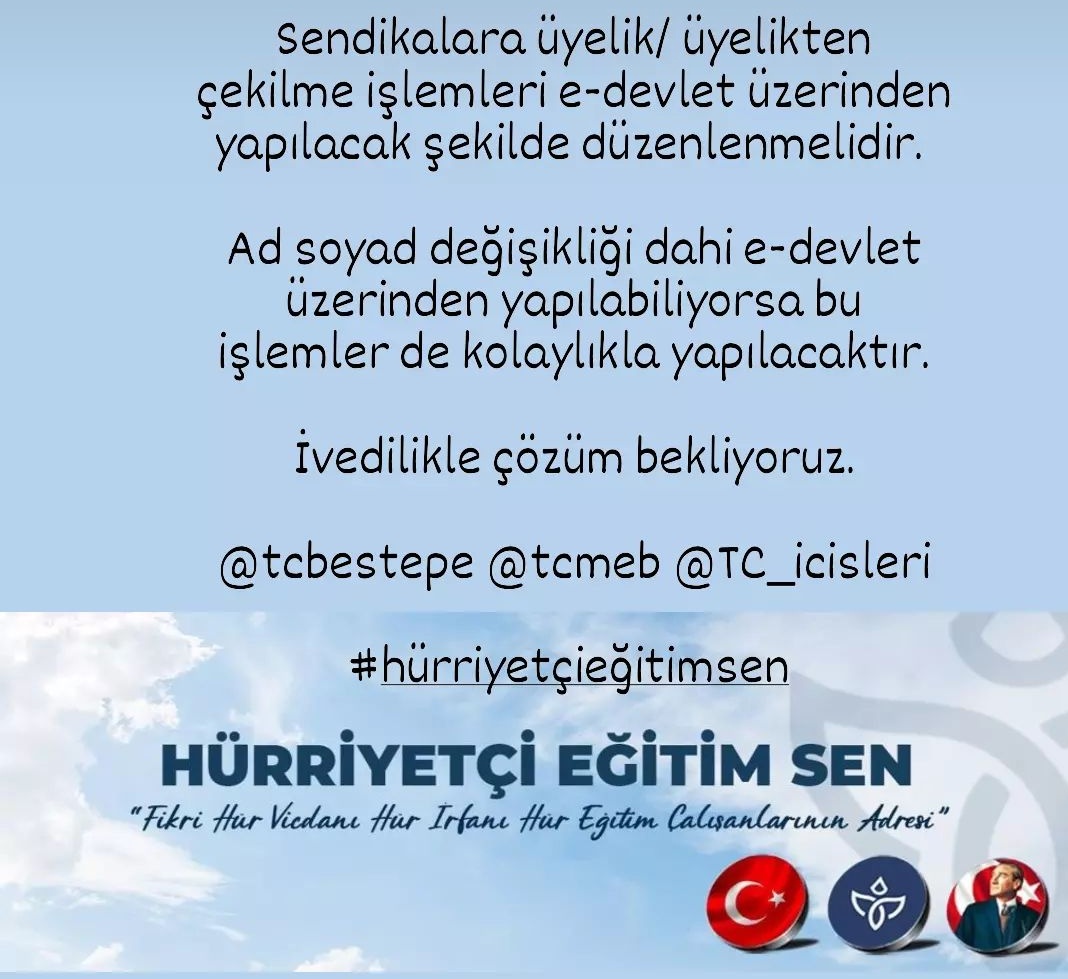 makifozcan's tweet photo. Sendikalara üyelik/ üyelikten çekilme işlemleri e-devlet üzerinden yapılacak şekilde düzenlenmelidir. 

Ad soyad değişikliği dahi e-devlet üzerinden yapılabiliyorsa bu işlemler de kolaylıkla yapılacaktır.

İvedilikle çözüm bekliyoruz.

#yetkilisendikadanistifa https://t.co/ym1SCyVz87