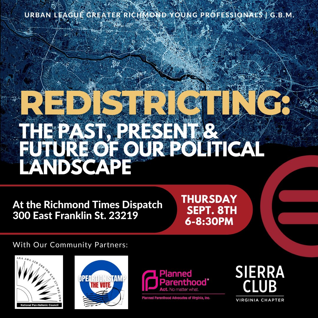 PiRhoOmegaAKA's tweet photo. Join Pi Rho Omega in supporting the Urban League's Redistricting Forum on Sept. 8 to learn about how changes from VA's recent redistricting are impacting our community.
#connectionandsocialaction #SOAR @midatlanticaka @aka1908sorority1908 https://t.co/hhjjqYrm42