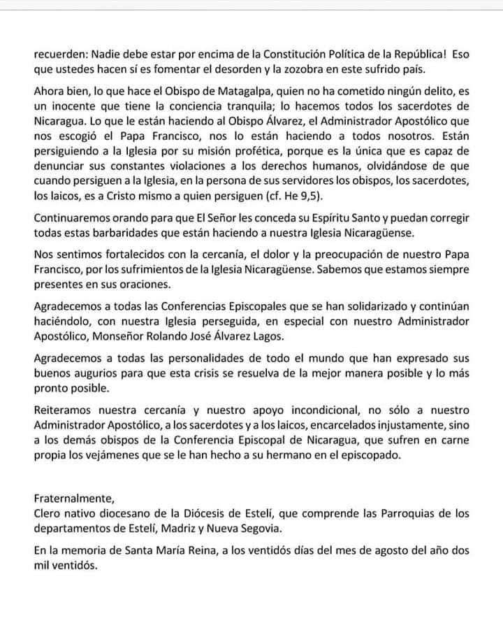 silviojbaez's tweet photo. Apoyo la carta que el clero nativo de la diócesis de Estelí dirige al gobierno de #Nicaragua. Me uno a su grito profético: “¿Qué es lo que quieren?, ¿qué es lo que están haciendo?”. Y hago mía su oración, para que cesen “las barbaridades que están haciendo contra la Iglesia”. https://t.co/8XE8M7FBYm