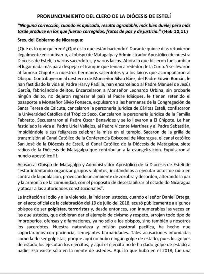 silviojbaez's tweet photo. Apoyo la carta que el clero nativo de la diócesis de Estelí dirige al gobierno de #Nicaragua. Me uno a su grito profético: “¿Qué es lo que quieren?, ¿qué es lo que están haciendo?”. Y hago mía su oración, para que cesen “las barbaridades que están haciendo contra la Iglesia”. https://t.co/8XE8M7FBYm