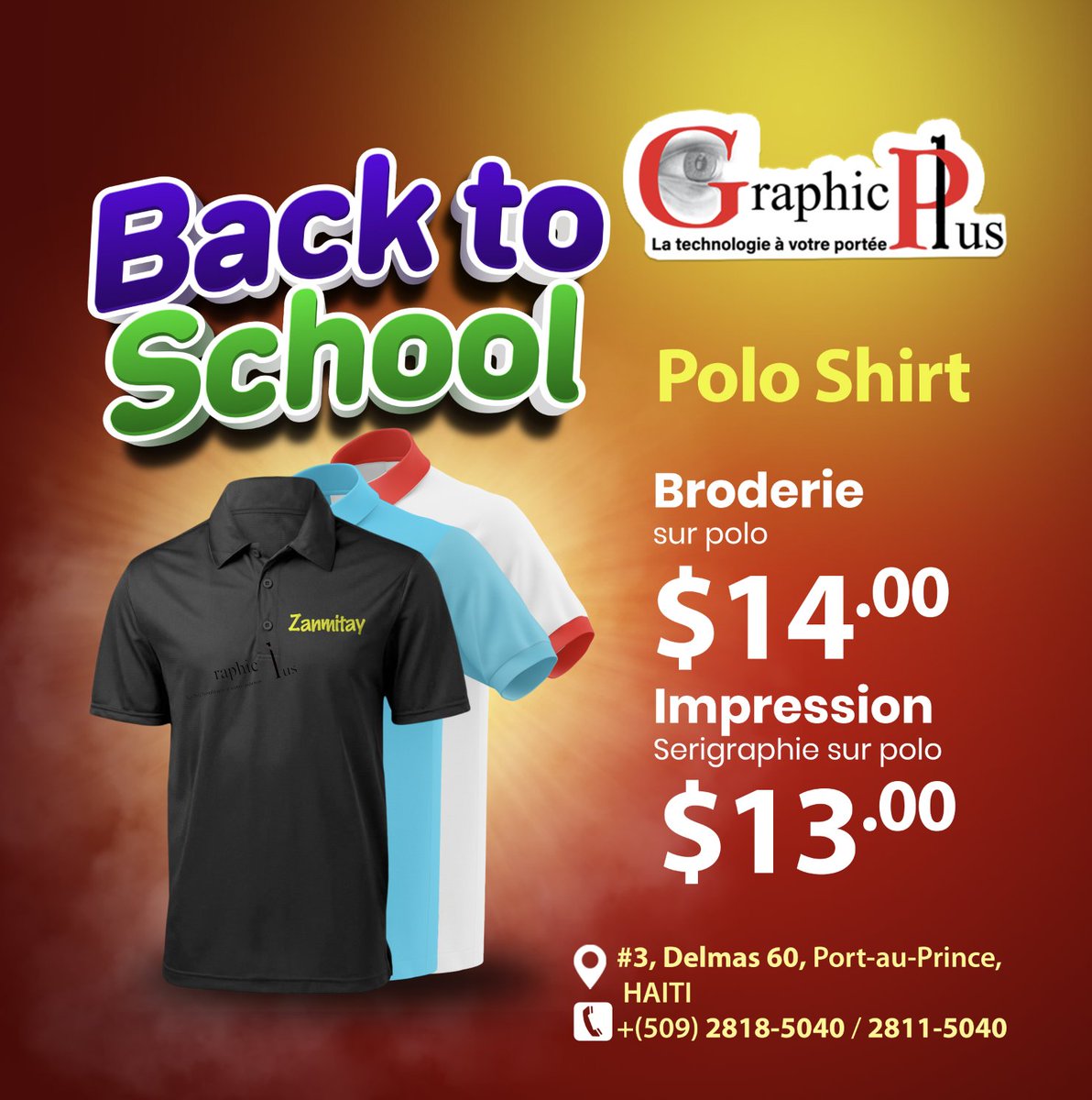 GraphicPlusHT's tweet photo. #Back to school🔥🔥
Contactez-nous: (+509) 28185040/ 28115040
.
.
#BacktoSchool #PoloShirt #CasquetteBrodée #Chemisebrodée #Graphicplus #GraphicPlusHaiti #PoloImprimé #SacaDos #Boitealunch #GraphicPlussengageToujoursàRespecterSesValeurs https://t.co/2hhCkMFPBo