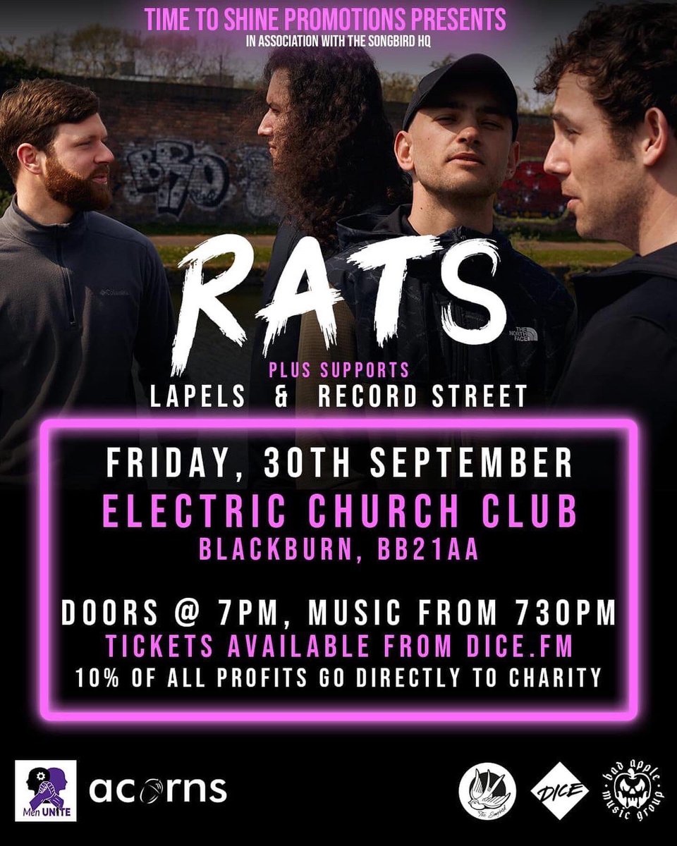 Lapels (@lapelsofficial) on Twitter photo BLACKBURN 🔥
We’re buzzing to announce that we will be supporting @thoserats
alongside <a href="/recordstreet/">RecordStreet</a> the <a href="/ECClubBlackburn/">ElectricChurchClub</a> the 30th of September
Get your tickets now!!
download the Dice.Fm app and then click the link below
linktr.ee/timetoshinepro… BLACKBURN 🔥
We’re buzzing to announce that we will be supporting @thoserats
alongside <a href="/recordstreet/">RecordStreet</a> the <a href="/ECClubBlackburn/">ElectricChurchClub</a> the 30th of September
Get your tickets now!!
download the Dice.Fm app and then click the link below
linktr.ee/timetoshinepro…