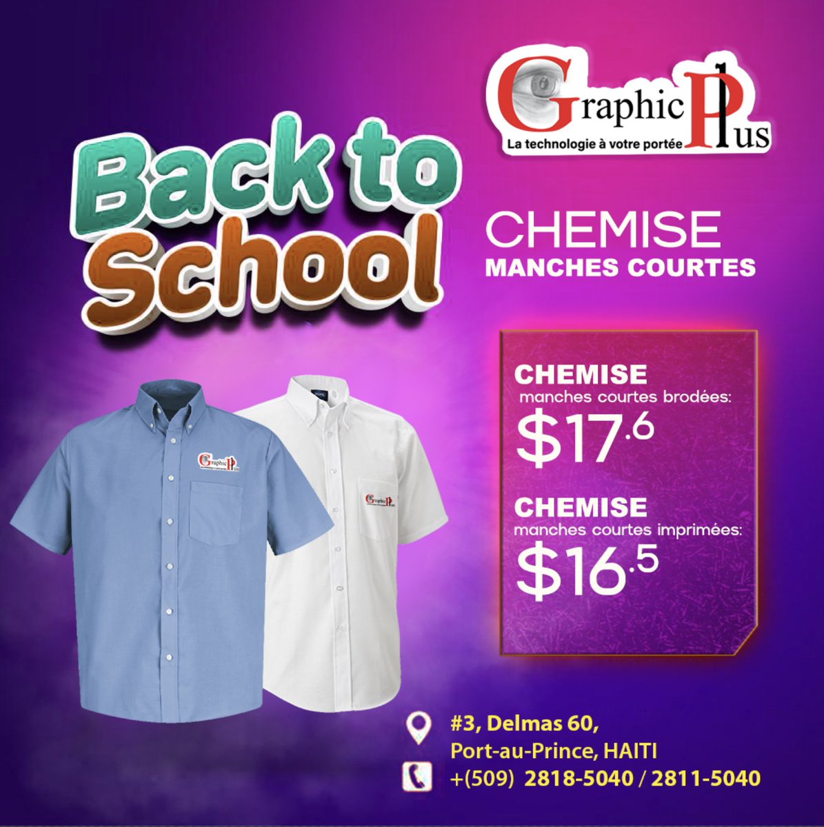 GraphicPlusHT's tweet photo. #Back to school🔥🔥
Contactez-nous: (+509) 28185040/ 28115040
.
.
#BacktoSchool #PoloShirt #CasquetteBrodée #Chemisebrodée #Graphicplus #GraphicPlusHaiti #PoloImprimé #SacaDos #Boitealunch #GraphicPlussengageToujoursàRespecterSesValeurs https://t.co/2hhCkMFPBo
