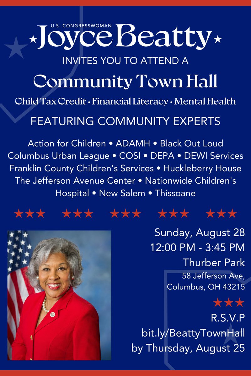 RepBeatty's tweet photo. My goal is to provide #OH03 constituents with the most useful information and resources, that’s why I’m inviting you to join #TeamBeatty this Sunday to learn more about child tax credit, financial literacy, mental health & wellness, and more.
RSVP at https://t.co/In4cWxkvyE https://t.co/Ara5KU1d1T