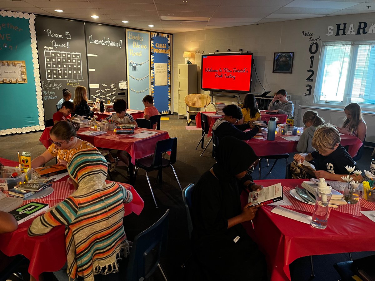 MissBrinich's tweet photo. Exploring new book titles with a book tasting in 5th grade today. #itsworthit #WoParkSharks #wcsdistrict ππ¦ https://t.co/27WXb3bwpq
