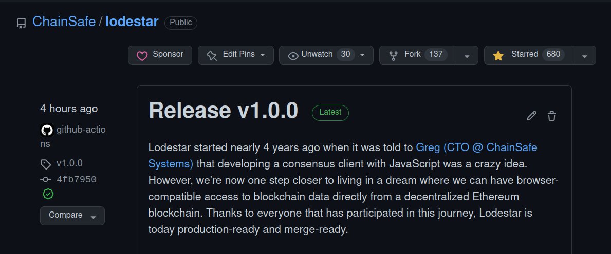 Huge news today! After many years of hard-work Lodestar is turning v1.0.0 today 😍🎉 Lodestar is merge-ready 🐼 Lodestar is production-ready 🔒 Thank you to all contributors @ChainSafeth @lodestar_eth stoked for what's to come now