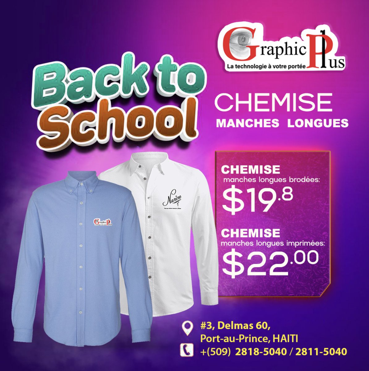 GraphicPlusHT's tweet photo. #Back to school🔥🔥
Contactez-nous: (+509) 28185040/ 28115040
.
.
#BacktoSchool #PoloShirt #CasquetteBrodée #Chemisebrodée #Graphicplus #GraphicPlusHaiti #PoloImprimé #SacaDos #Boitealunch #GraphicPlussengageToujoursàRespecterSesValeurs https://t.co/7xJNkLggWs
