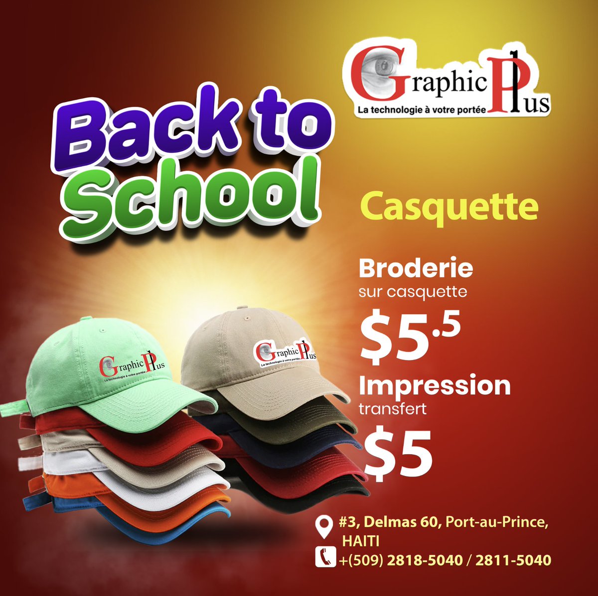 GraphicPlusHT's tweet photo. #Back to school🔥🔥
Contactez-nous: (+509) 28185040/ 28115040
.
.
#BacktoSchool #PoloShirt #CasquetteBrodée #Chemisebrodée #Graphicplus #GraphicPlusHaiti #PoloImprimé #SacaDos #Boitealunch #GraphicPlussengageToujoursàRespecterSesValeurs https://t.co/7xJNkLggWs