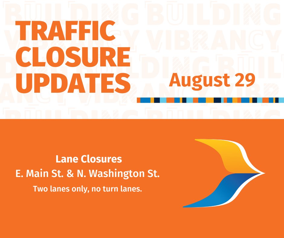 vwfwd's tweet photo. Important community update regarding lanes closures beginning August 29th:
E. Main St. will be two lane only.
N. Washington St. will be two lane only. 

Traffic will still be able to access all downtown businesses. 
Sign up for live text alerts by texting VWFWD to (833) 452-1606. https://t.co/uJRpmNTWpz