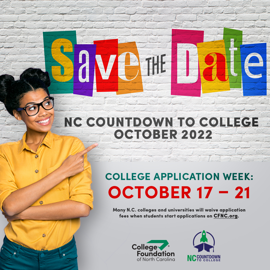 CFNC's tweet photo. Ready, set, WAIVED! During College Application Week, many North Carolina colleges will waive their application fees. Read more: https://t.co/CoTpokGT3X

#countdowntocollege #waivedapplicationfees #prepareforcollege https://t.co/fsPFnrdpQs