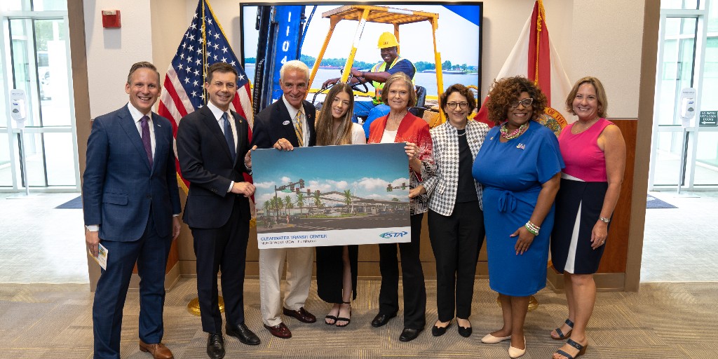 RidePSTA's tweet photo. Thank you to @SecretaryPete &amp; Deputy Secretary of Transportation at @USDOT, @Pollytrott for taking the time to show your support of PSTA's Clearwater Transit Center - which was recently awarded $20 million from the RAISE grant for a new facility in downtown Clearwater. https://t.co/sAGgg7EekL