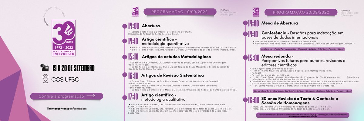 ContextoTexto's tweet photo. ✨Vem aí os 30 anos da Revista Texto &amp; Contexto Enfermagem. História, desafios e perspectivas futuras ✨

O Evento terá uma programação repleta de palestras, encontros e histórias marcantes. Confira a programação completa 👇 https://t.co/Z5OTtbZmiF