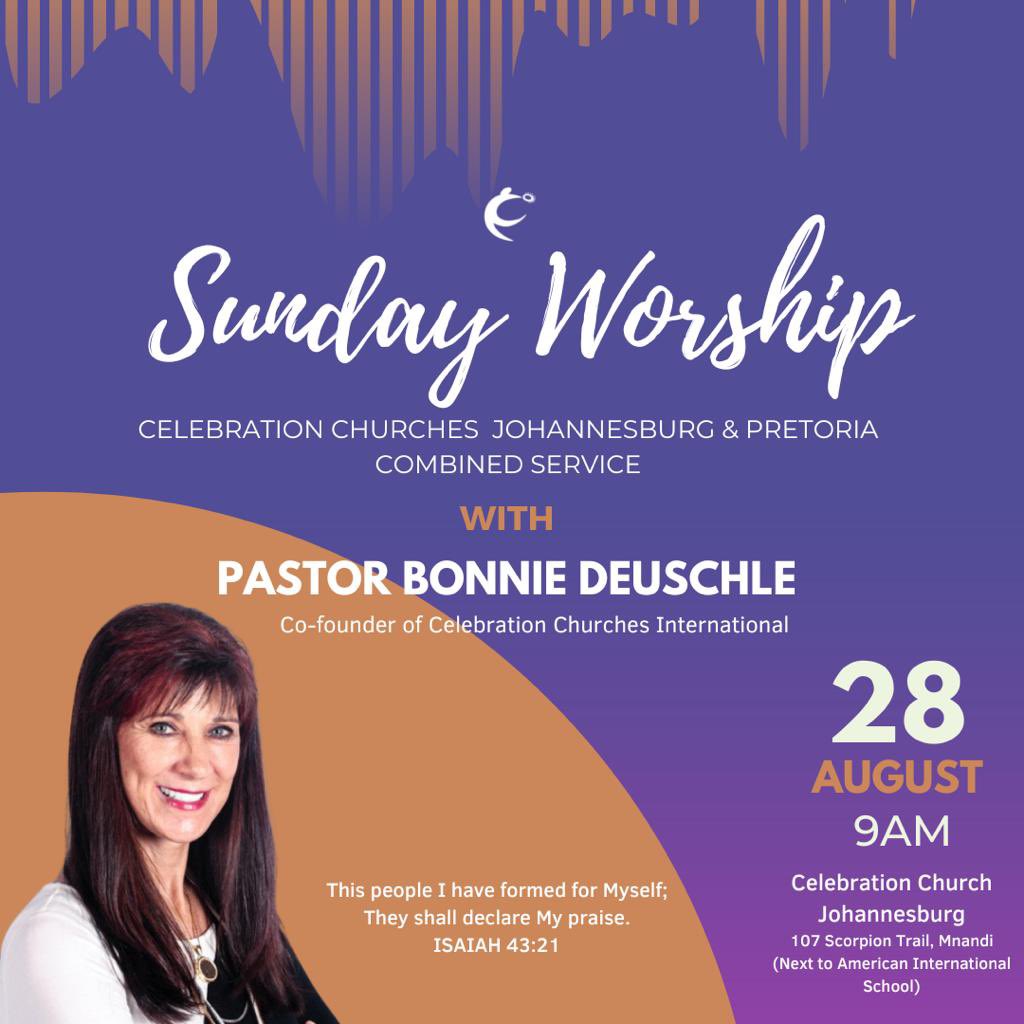 A worship service like no other! <a href="/CelebrationJNB/">Celebration Church Johannesburg</a> and <a href="/_celebrationpta/">CelebrationChurchPTA</a> combined service this Sunday 28th August with co-founder of <a href="/celebrationmin/">Celebration Churches International</a> and award-winning Gospel artist, Pastor <a href="/BonnieDeuschle/">Bonnie Deuschle</a>. All invited and come expectant.