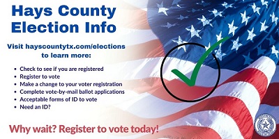 DSCLibrary's tweet image. We have no greater right than right to vote in free, independent elections. Hays County Elections Office wants everyone who choses to vote to do so. November 8 is the mid-term election. hayscountytx.com/departments/el…  Elections Office , 712 South Stagecoach Tr Suite 1012, San Marcos, TX