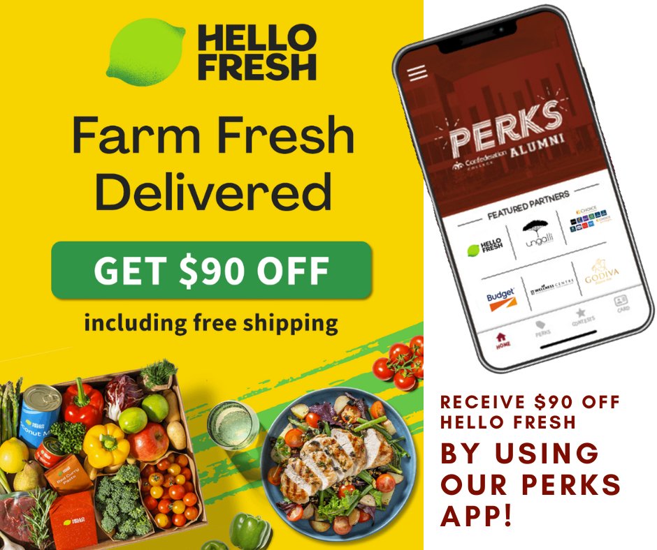 ConfedAlumni's tweet photo. Did you know you can receive $90 off + Free Shipping with Hello Fresh, by using our PERKS app!
https://t.co/1wYZF5SNWx
#Confederationcollege #alumni https://t.co/7VQ0c9CJxX
