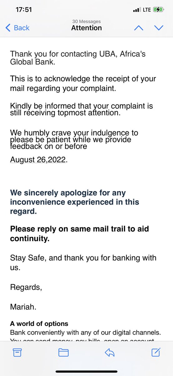 CindyPayge's tweet photo. @UBACares @UBAGroup What manner of incompetence is this!    Kindly reverse my funds with immediate effect.
Reversal since 11th of August, today is 23rd, and you are telling me 26th. #AfricasGlobalBank #UBA #Resolution https://t.co/pNU6sIWKNo