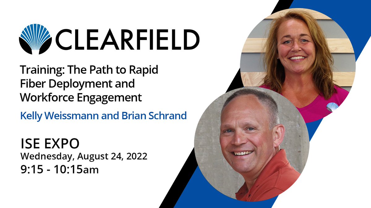 ClearfieldFiber's tweet photo. Tomorrow (Wednesday) at #ISEEXPO! Hear Clearfield's Kelly Weissmann (Technical Trainer) and Brian Schrand (VP Applications Engineering) discuss how a few days of #training provide benefits for both companies and technicians https://t.co/wV3KgZh7T3 #ISEEXPO2022 #ISEEXPO22 https://t.co/gWEI4YAs27