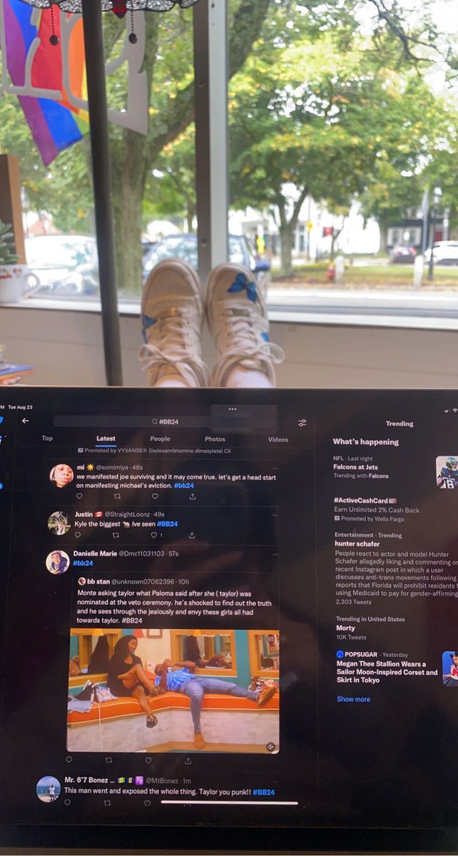 megan_belmonte's tweet photo. Catching up on #bb24 while chilling at Rug Shack! Peep the white air forces with blue butterflies- Turner painted them for me one year for Christmas. Cant wait until I see him again on feeds https://t.co/7MCS4OnSYC