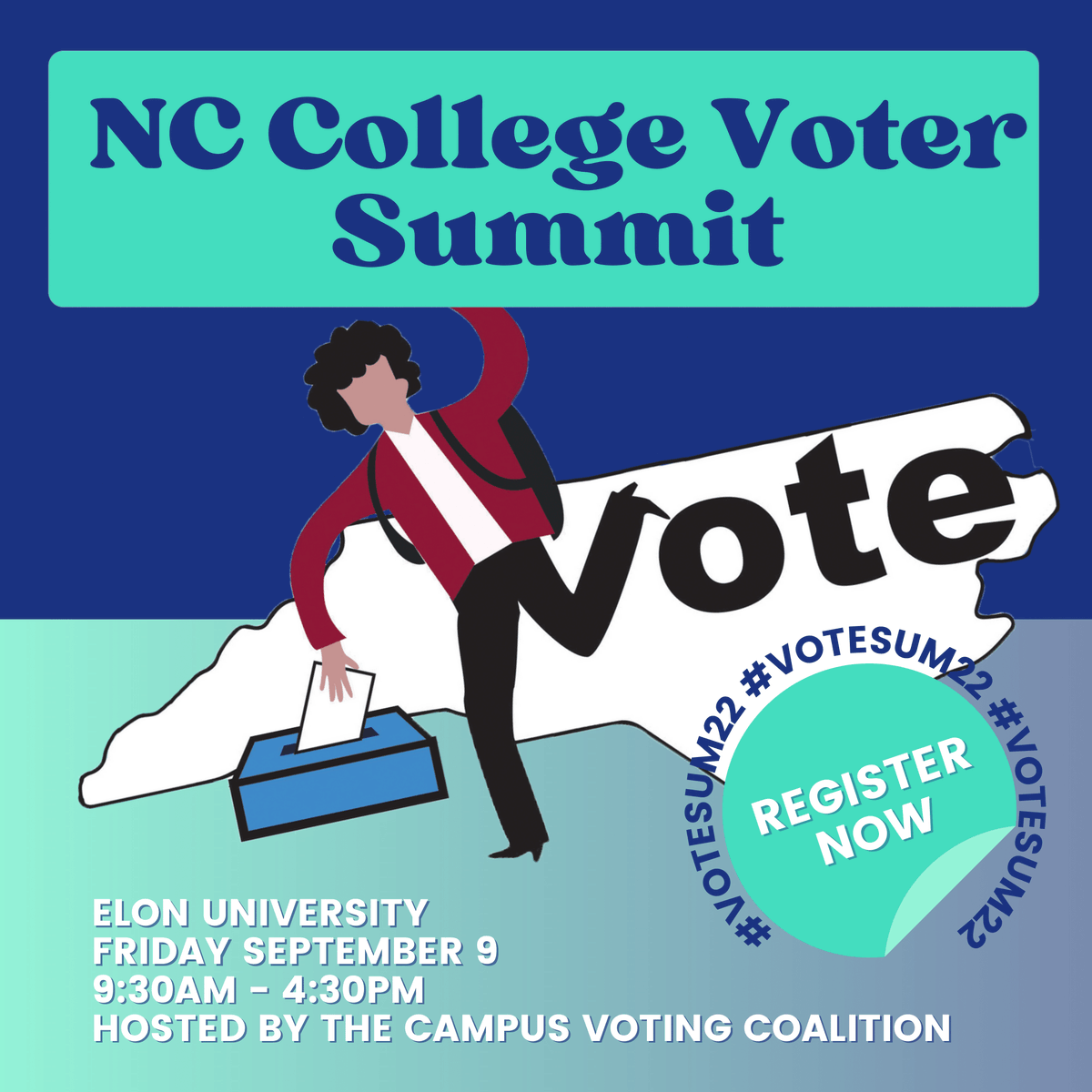 allintovote's tweet photo. Haven’t registered for the 7th Annual North Carolina Campus Voting Summit yet? It’s not too late! Register to today to join us Friday Sept 9th: https://t.co/FhTba92v9o
#VoteSum22 #YouthVote https://t.co/gYwhBOggO7