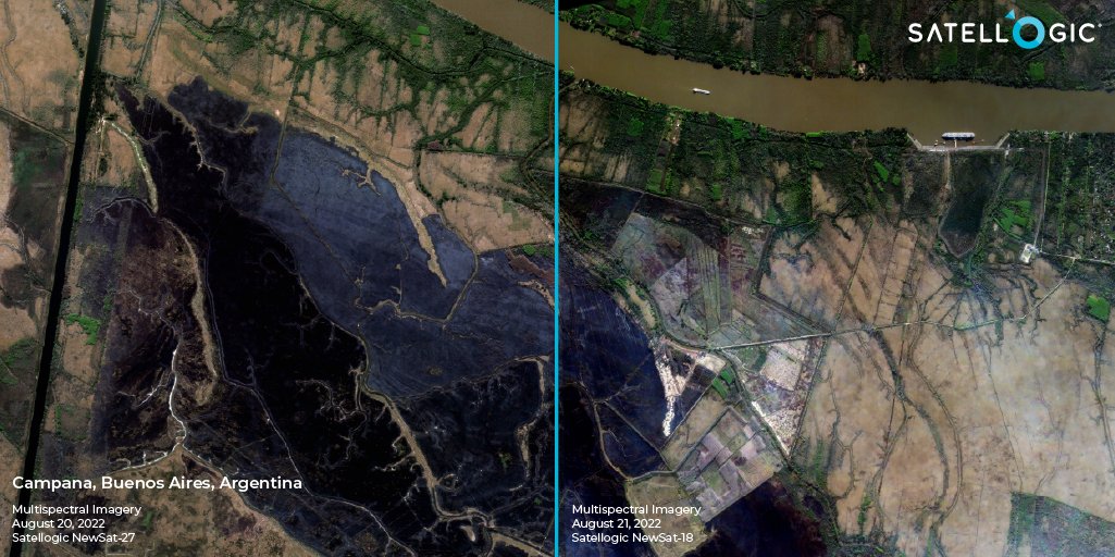 Satellogic's tweet photo. These images of the Ciervo de los Pantanos National Park in Campana, Argentina, from August 20–21 show fire damage in a protected wetland ~70 km north of Buenos Aires city. See how #EOdata expedites #emergencyresponse and risk assessments – https://t.co/6wP98rBGUi https://t.co/ieiN1MLYCS