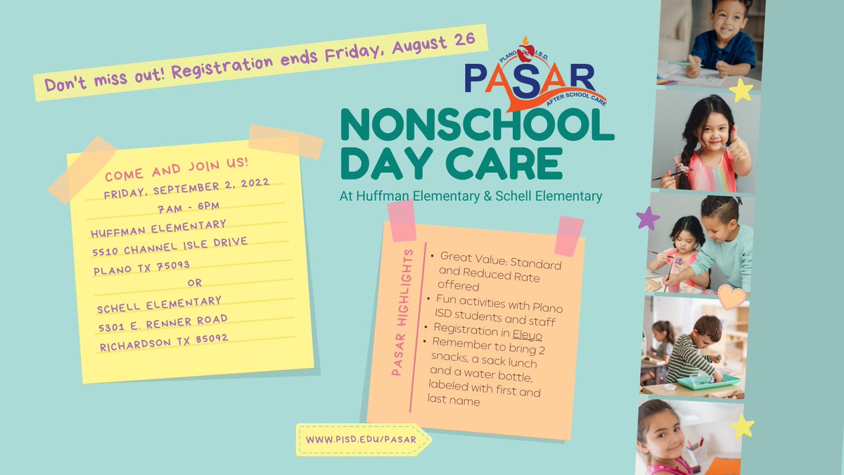 Don't forget to register for non-school day care! <a href="/BoggessBengals/">Boggess Elementary</a> <a href="/MillerElem/">Miller Elementary</a> <a href="/SchellCoyotes1/">Schell Elementary</a> <a href="/StinsonStars/">Stinson Stars</a> @HuntHounds <a href="/DooleyElem/">Dooley Elementary</a> <a href="/McCallColts/">McCall Elementary</a> <a href="/Harrington_El/">Harrington Elem</a>