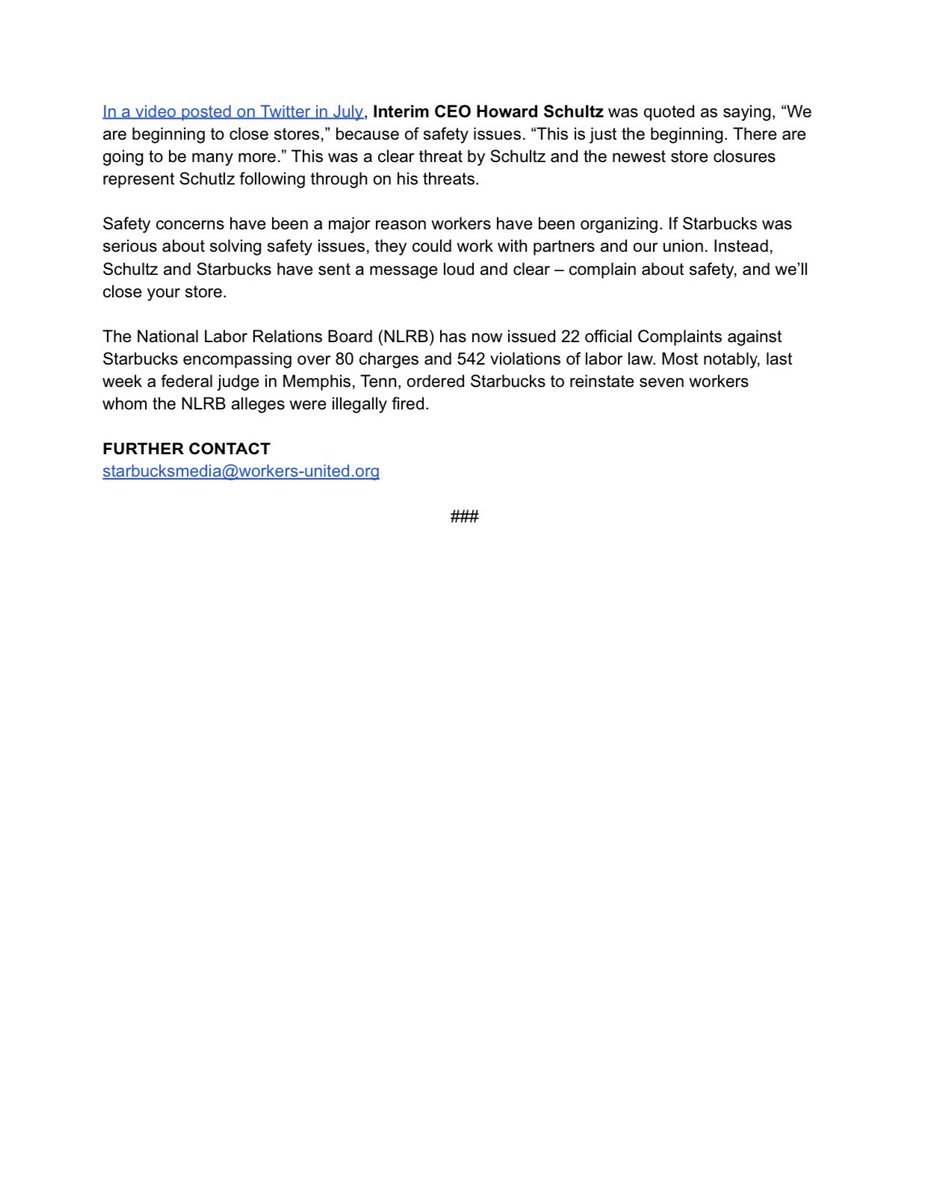 Yesterday, <a href="/Starbucks/">Starbucks</a> announced the closure of two additional stores that were unionizing. Of the 19 stores Starbucks has closed in the past few months, 42 percent had union activity. This is clear retaliation.