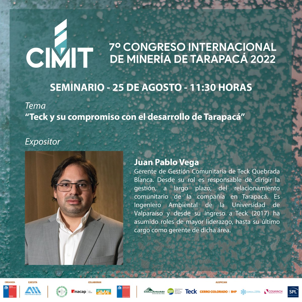 aiigremio's tweet photo. #CIMIT2022
7° versión del Congreso Internacional de Minería de #Tarapacá.
📌 "Minería: Desarrollo y Futuro Regional"

📅 25 y 26 de agosto
📍  Hotel Gavina Costa Mar - Salón Gaviota
📌https://t.co/mS2B5Uh1cx
#YoContratoLocal 

#SQM #CMCordillera #BHP #Sernageomin https://t.co/x8Cbg5VPLz