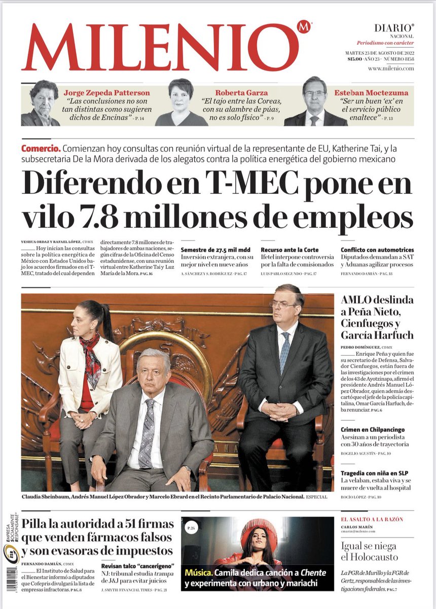 ♦️Diferendo en T-MEC pone en vilo empleos <a href="/Rafaelopez_Mend/">Rafael Lopez Méndez</a> <a href="/YeshuaOrdaz/">Yeshua Ordaz</a>
♦️AMLO deslinda a Peña Nieto, Cienfuegos y Harfuch por caso Ayotzinapa @PedroFajardo99 
♦️Las ‘corcholatas’ se toman foto de la concordia

Las de hoy en <a href="/Milenio/">Milenio</a>
Buen martes 🤠🤘🏼
