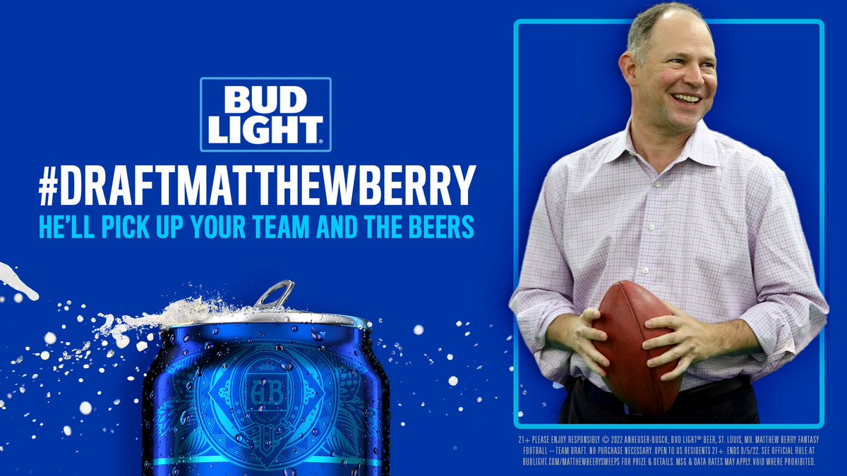 MatthewBerryTMR's tweet photo. Draft me to help draft your fantasy team! And don’t worry, I’ll bring @BudLight for the whole league. Tweet #DraftMatthewBerry #Sweepstakes for a chance to win. https://t.co/2VIbvWZ8EE