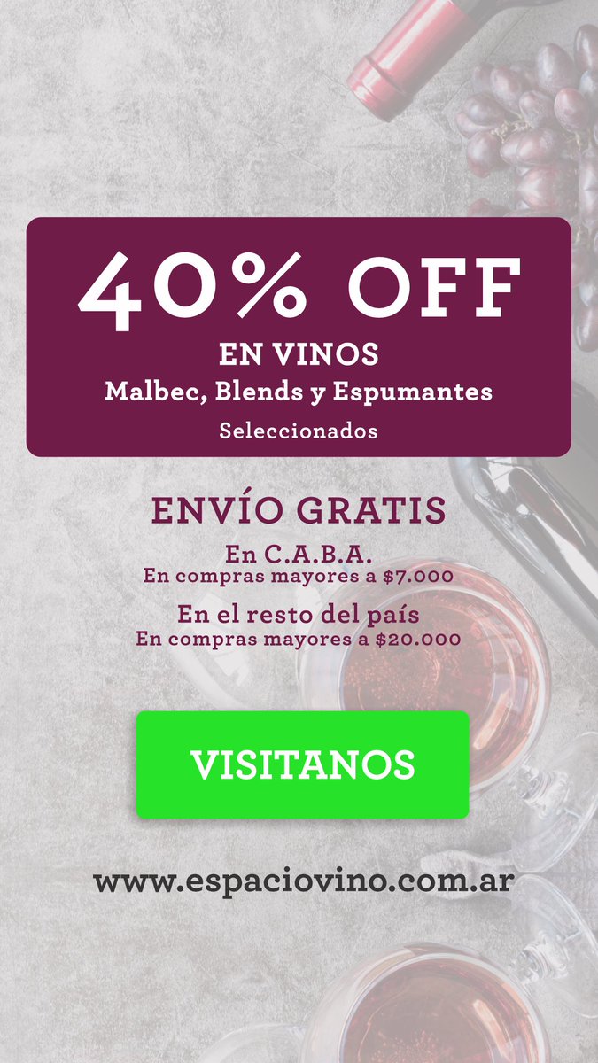 40% OFF
En vinos Malbec, Blends y Espumantes seleccionados

espaciovino.com.ar/landing/40-Off…

Hasta el Miércoles 24/8/2022 inclusive o agotar stock

#vinos