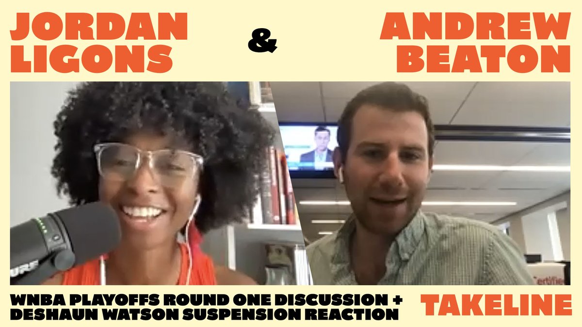 CrookedMedia's tweet photo. On this week's #Takeline, @netw3rk is joined by @_jordanligons and @NonProfitComic to discuss the WNBA playoffs and postseason expectations. Then, @andrewlbeaton joins to discuss Deshaun Watson’s 11 game suspension from the NFL. https://t.co/0Wqwxo2hwf https://t.co/E3iLG4FrFC