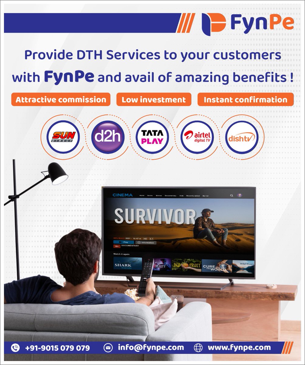 fynpe_payments's tweet photo. Receive amazing benefits by providing DTH services to your customers with FynPe!
Call us at to 9015079079 know how!
#dth #tatasky #sundirect #airteltv #dishtv #entertainment #lockdownentertainment #fynpe #paymentsolutions https://t.co/Tvij8lz5FA