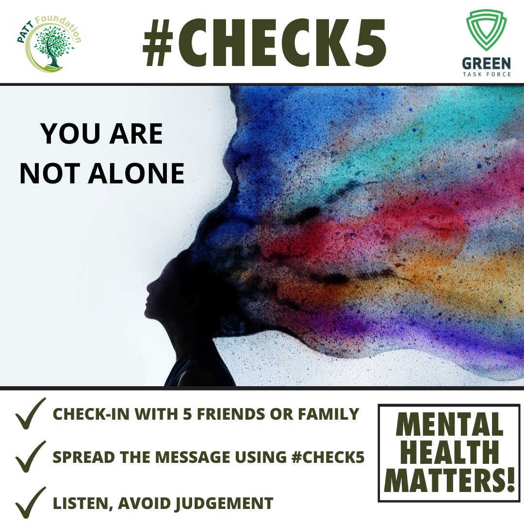 GreenTaskForce1's tweet photo. #MentalHealth is something we should be talking about daily.
Remember
👉It's okay to have many feelings
👉It's okay to seek help when you need it
👉Mental health problems are more common than you may think
👉You can reach out to your friends, family and comrades with #check5 https://t.co/CCBskmjsIE