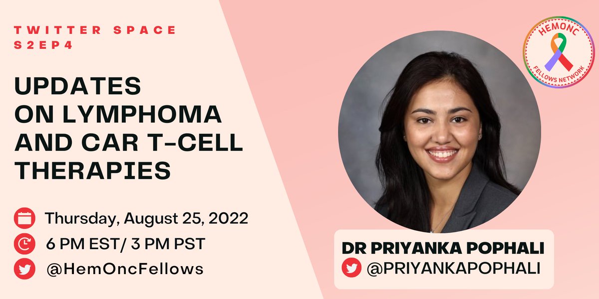 HemOncFellows's tweet photo. Join our next space for updates on lymphoma and CAR T-Cell therapies with @priyankapophali this Thursday August 25, at 6 PM ET. Space hosted by @KarunNep
Join our newsletter https://t.co/PwqBLBaVLx
#OncTrainee #OncMedEd #HOFellows #HemOnc #lymsm https://t.co/IsBQe00uvD