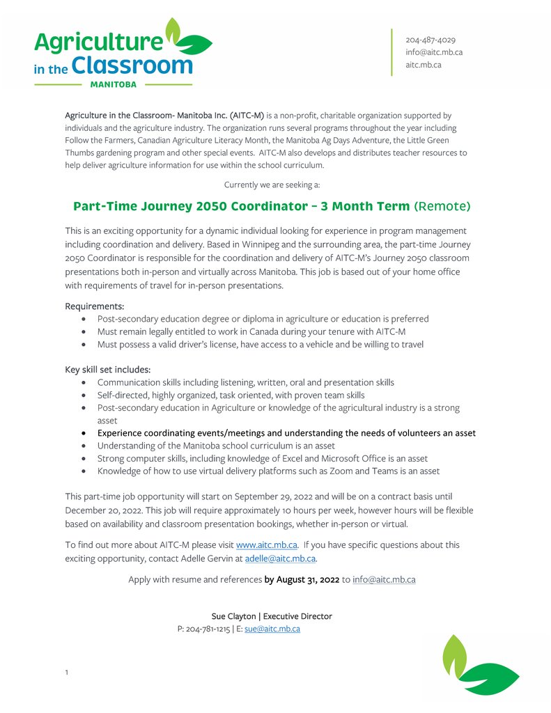 aitcmb's tweet photo. We have an exciting opportunity for a dynamic individual looking for part-time experience in program management, including coordination &amp; delivery.

If you think you’d be a good fit, apply with resume and references by Aug 31, 2022 to info@aitc.mb.ca. 

#AgEducation #MBTeachers https://t.co/XzZ9twAw2F