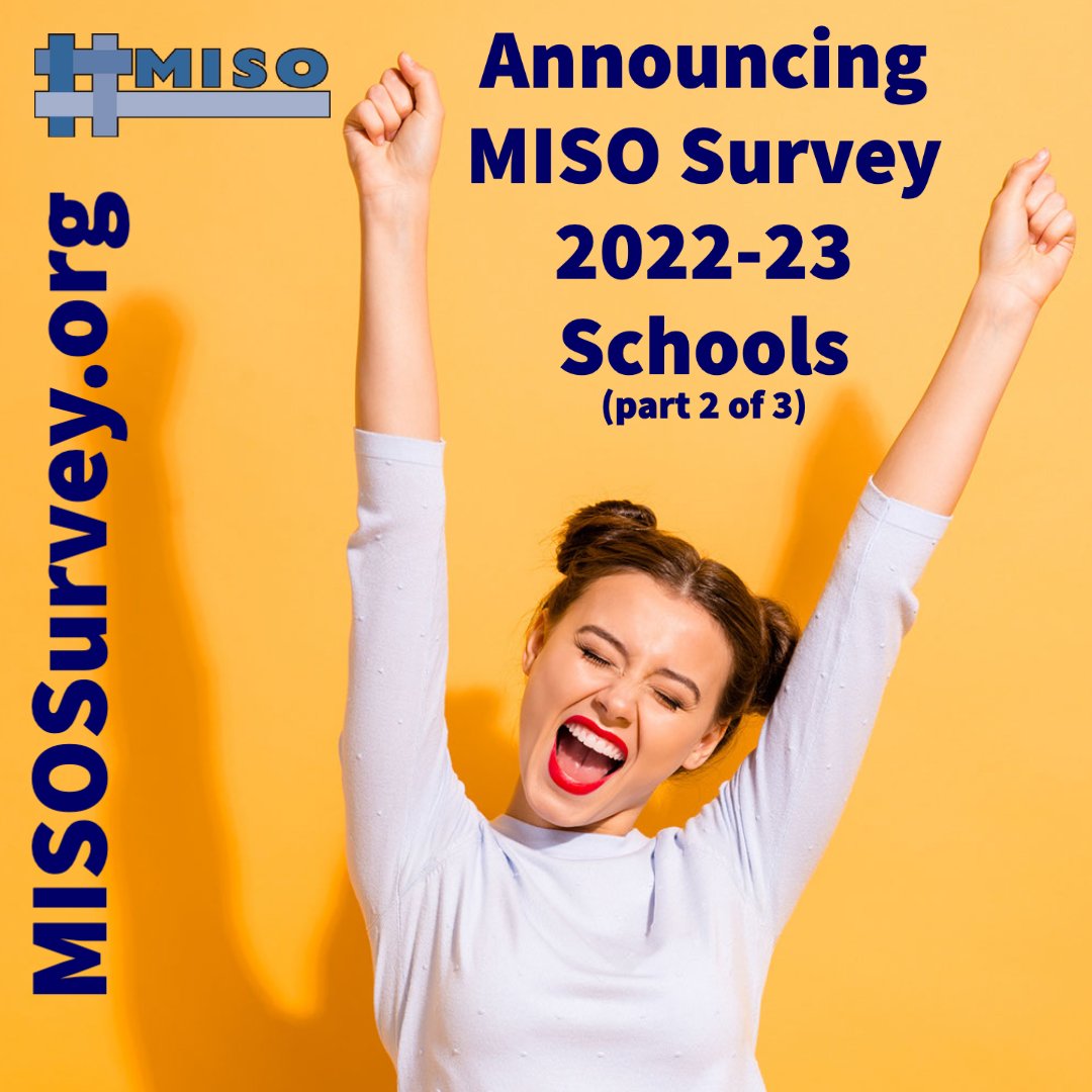The MISO Survey 2022-23 cohort  (2 / 3)

Boston University New!
Illinois Wesleyan University
Middlebury College
Trinity University
University of New Mexico Health Science Center
University of Richmond
Wellesley College

misosurvey.org