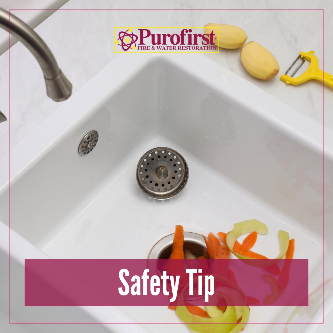PurofirstDMV's tweet photo. Using hot water to clean kitchen scraps from your sink is a recipe for disaster. Hot water melts grease and fat, causing clogged drains and mechanical damage. When you need to run the garbage disposal after a meal, switch to cold water instead.

#Safety #SafetyTip #Purofirst https://t.co/SC8bsZoZxx