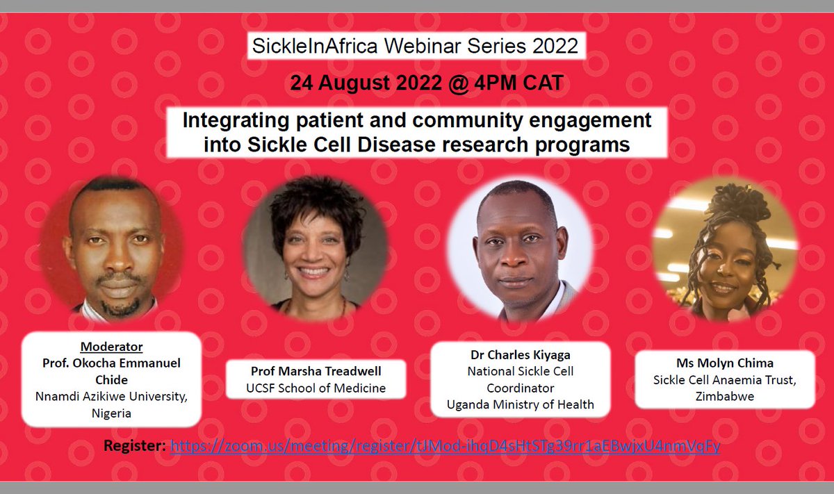 SickleInAfrica's tweet photo. Webinar: Integrating Patient and Community Engagement into #SickleCell Disease Research Programs. Registration link:   https://t.co/Ji0hW1pFlp. Time: 14:00 GMT ( 16:00 CAT)
@sicklecellmuhas, @MolynChima @ScatzZim https://t.co/KS3F1Paz5j