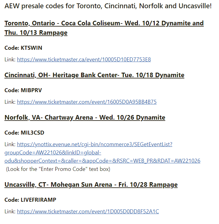 WrestleTix on Twitter "Big AEW on sale week. Presales start Thursday. Here are the codes. AEW
